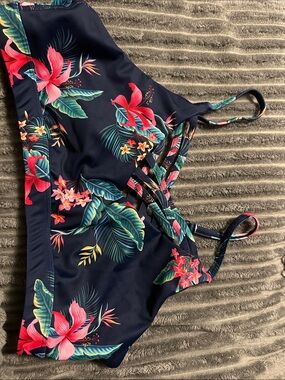 Women’s Navy Tropical Floral Sports Bra with Pink & Green Accents